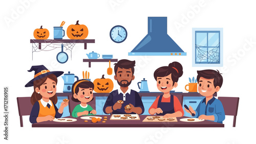 Halloween Family Gathering: An animated representation of a family crafting together on a Halloween holiday. The pumpkin, spooky atmosphere creates a joyful ambience.