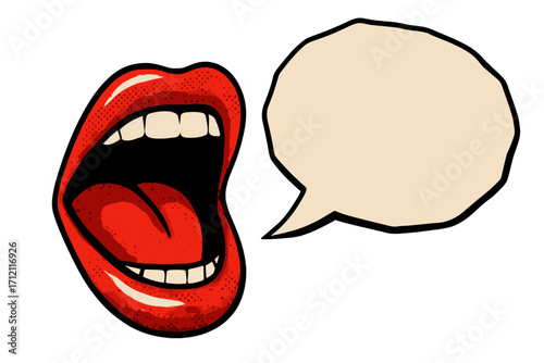 Pop art screaming mouth with speech bubble. Shouting female lips in retro comic style. Halftone vector illustration. Announcement, sale, and advertising concept. Marketing design.