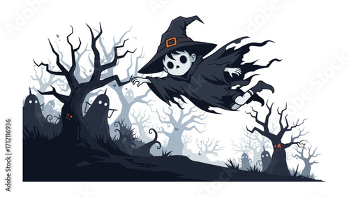 Spooky Halloween Scene: An whimsical scene full of ghosts, trees and witch brings the Halloween spirit. This digitally created image conveys fun and thrills, making it ideal for spooky designs.