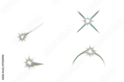 Set of realistic crystal prism light dispersion overlays. Rainbow flares, starburst glares, and lens flare spectrum from diamond gems. Transparent shining light effect.