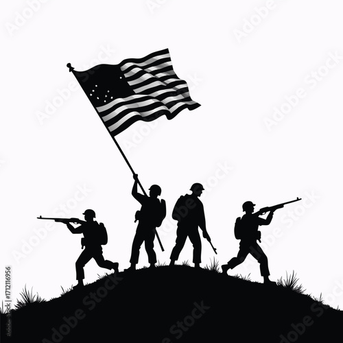 Silhouette soldiers with American flag on grassy hill