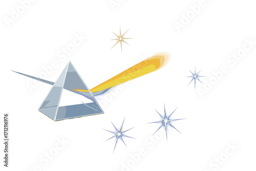 Prism light dispersion with rainbow spectrum effect. Glass pyramid refracting a light beam into colors. Optical physics illustration with transparent flares and crystal glares.