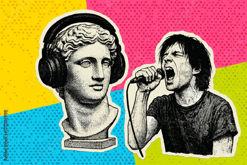 Pop art collage of antique statue with headphones and rock singer. Vector halftone for club party poster, podcast, or magazine cover. Retro 80s 90s zine culture composition.