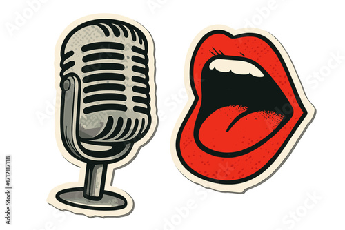 Retro music sticker pack with vintage microphone and yelling lips. Halftone pop art illustration for concert poster, podcast, or rock and roll. Vector graphic elements.