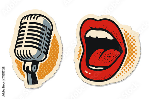 Retro music collage with vintage microphone and yelling mouth. Pop art vector illustration in a torn paper sticker style with halftone texture. For podcast, karaoke, or concert.