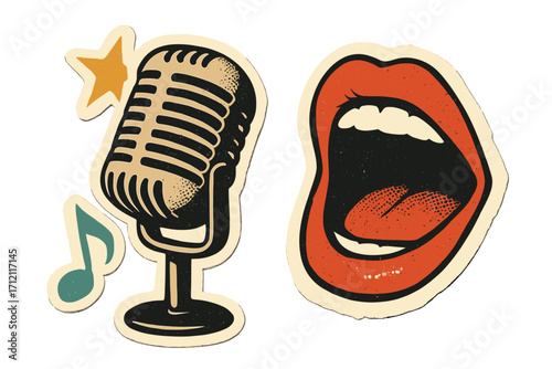 Retro music collage with stage microphone and yelling lips. Vector paper stickers with halftone texture. Pop art illustration for concert, podcast, karaoke, or rock band poster.