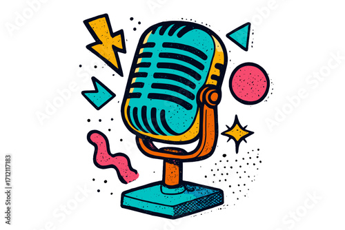 Retro microphone in 90s comic style. Vintage mike for podcast, radio, music broadcast. Pop art audio equipment for interview or stand up. Nostalgic vector illustration.