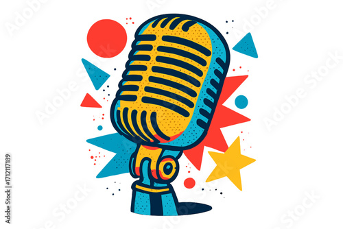 Retro microphone in trendy pop art halftone style. Vintage mic for podcast, broadcast, or radio show. 90s cartoon vector illustration for music or stand-up comedy concept.