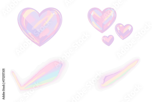 Romantic crystal hearts with prism light effect. Holographic glass reflection, rainbow dispersion. Glittering light leak overlay. Vector design element for valentine.