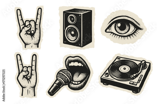Rock music collage elements set in retro grunge halftone style. Vector sticker pack with hands horns sign, speaker, mouth singing in microphone, vinyl player and eye icon.