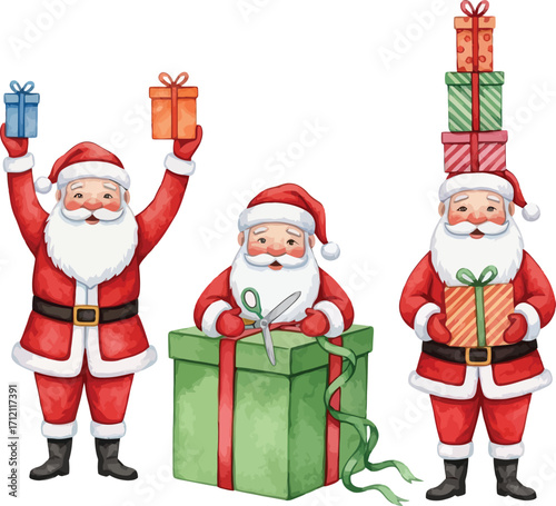Three cheerful watercolor santas in traditional red suits with white trim holding and opening christmas presents