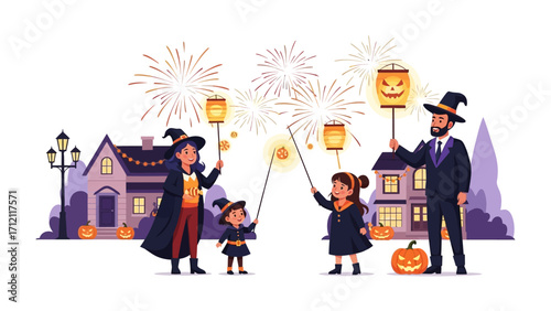 Spooky Halloween Night: A family enjoys a festive Halloween night, illuminating the night with jack-o'-lanterns, against a backdrop of fireworks and eerie house.