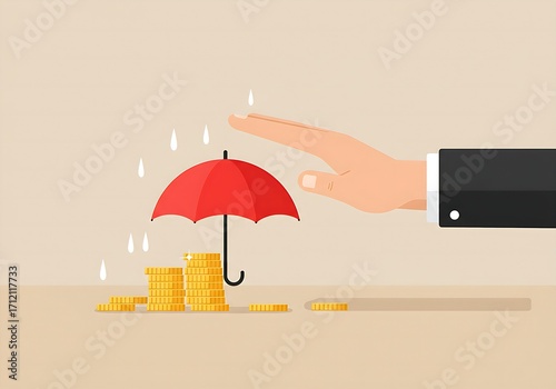 Flat illustration hand holding small red umbrella over pile of coins on table