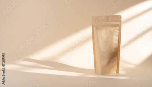 Kraft paper pouch mockup, minimalist design, sunlight shadows, product packaging, branding, natural light