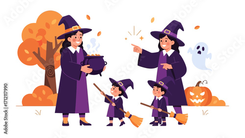 Halloween Witch Family: A whimsical cartoon depicts a Halloween witch family, exuding joy as they celebrate Halloween surrounded by festive decorations.