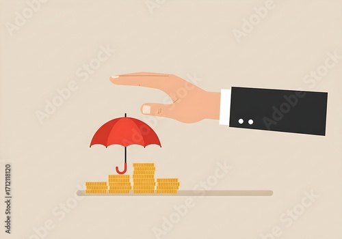 Flat illustration hand holding small red umbrella over pile of coins on table