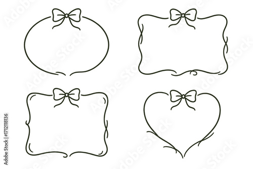 Hand drawn frame border set with ribbon bow. Coquettish elegant decorative line art. Vector illustration for wedding invitation, card, tag, or label. Feminine graphic design element.