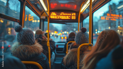 City bus interior filled with commuters wearing winter hats during the evening rush hour with lights outside Generative AI