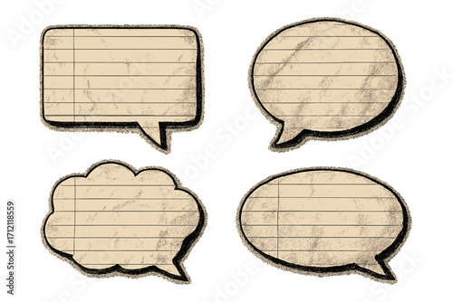 Set of vintage speech bubbles on crumpled lined paper. Retro dialogue and thought bubble shapes with hand-drawn charcoal texture. Grunge comic communication elements.
