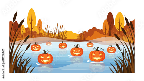 Halloween Pumpkins on Water: Halloween comes alive with vibrant carved pumpkins afloat on serene waters, surrounded by an autumnal landscape with colorful trees and plants.