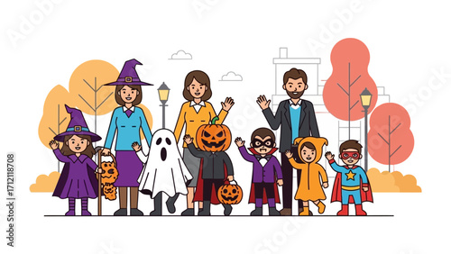 Halloween Family Gathering: A vibrant illustration captures a family dressed in Halloween costumes, joyfully waving amidst autumn foliage and spooky decorations.
