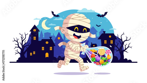 A Whimsical Mummy's Halloween Night: A playful illustration of a cheerful mummy merrily embarking on a night of trick-or-treating, their bag brimming with candies.