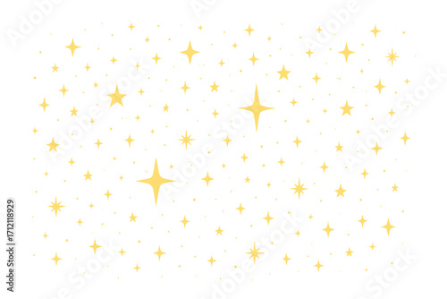 Golden stars background. Cute starry night sky with warm shining stardust. Vector cartoon illustration of twinkling sparkles. Magic festive abstract universal space concept.
