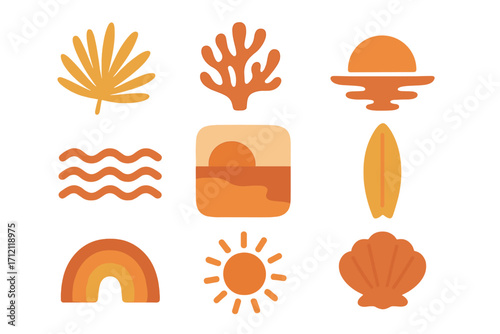 Summer boho nature elements set. Groovy 70s style geometric icons with palm leaf, coral, sunset, sea wave, beach, surf, and rainbow. Vector abstract tropical symbols pack.