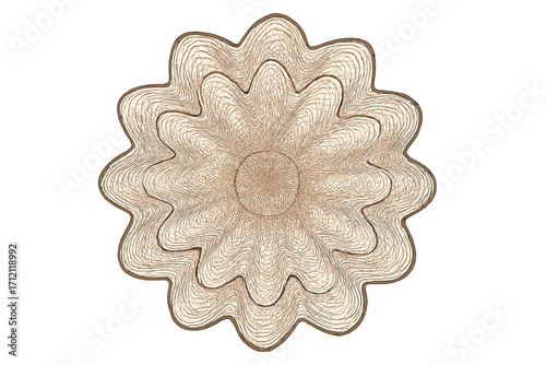 Guilloche rosette element in a floral shape. Intricate security ornament with wavy lines for a certificate, diploma, or banknote. Vintage decorative vector pattern seal design.