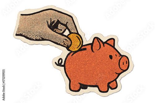 Hand putting a coin into a piggy bank. Saving money concept. Financial investment, economy, deposit metaphor. Retro 90s y2k torn paper collage effect with halftone texture.