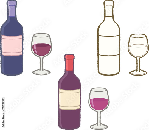 Wine bottle and glass illustration set