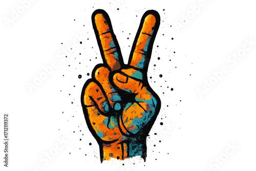 Graffiti hand V-sign for peace and victory. Urban street art in a spray-painted style with texture and drops. Hand gesture showing two fingers. Vector illustration isolated.
