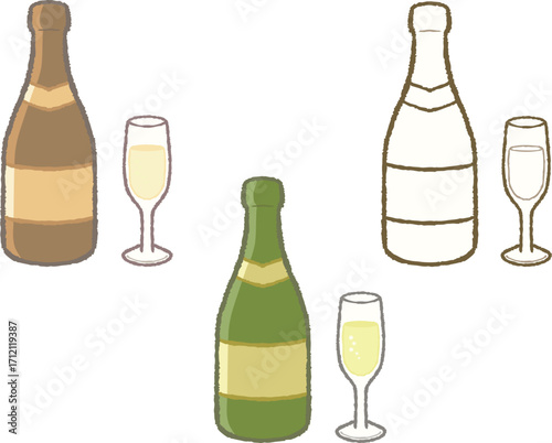 Set of Champagne Bottles and Glasses Illustration