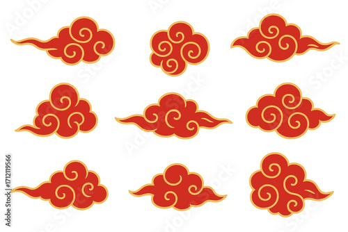 Set of traditional Japanese and Chinese clouds. Red and gold oriental cloudscape ornament. Asian lucky auspicious decorative element clipart for new year vector design.
