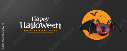 Dark Halloween Background with Scary Cartoon Bat and Full Moon