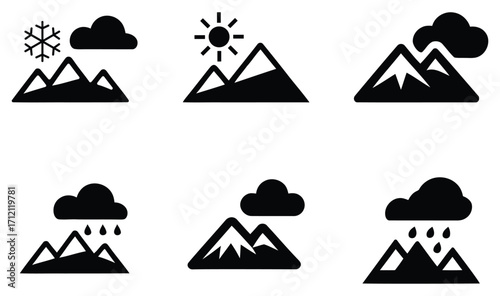 Mountain weather icons representing different conditions. set of mountain icons
