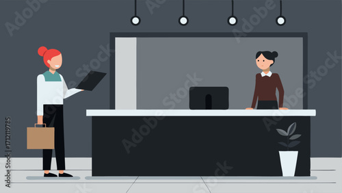 A sleek black marble front desk with a friendly receptionist checking in visitors.