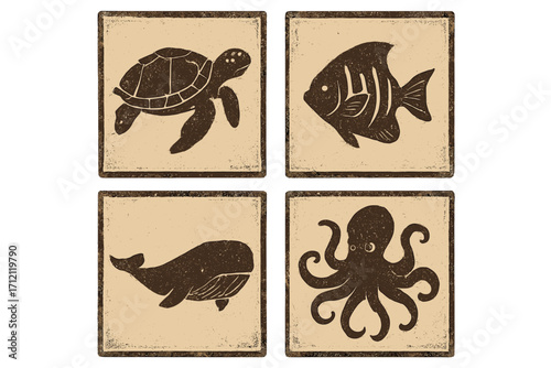 Vintage monochrome marine life set. Retro paper textured square cards with stamp effect. Sea turtle, fish, whale, octopus flat silhouette vector illustration collection.