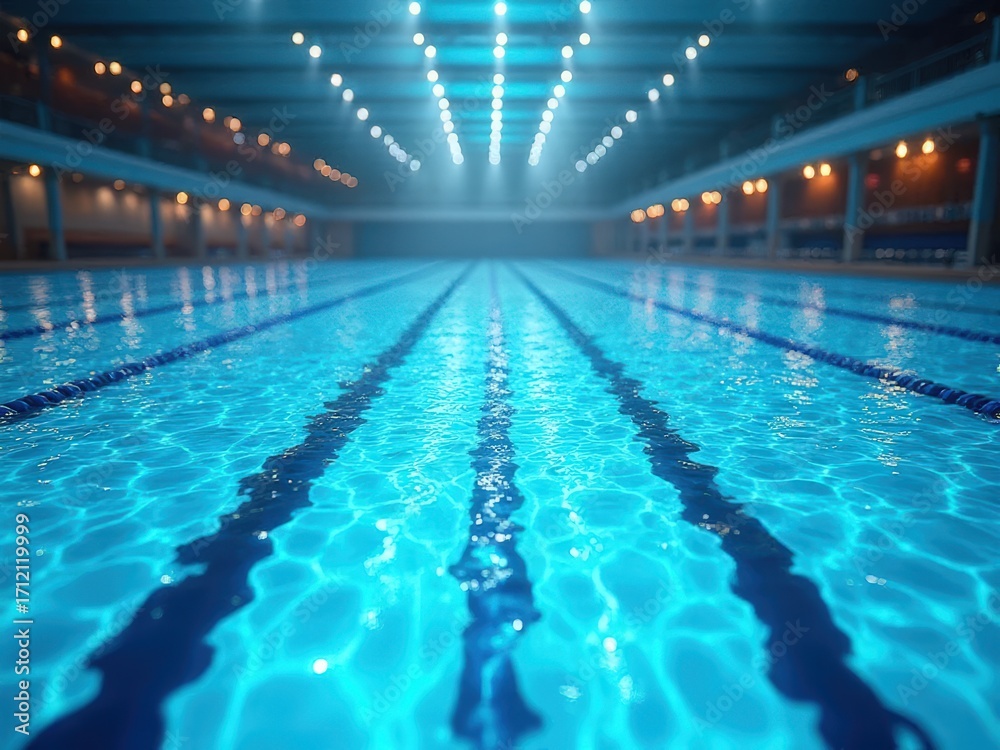 Obraz premium Empty Olympic swimming pool lanes with floating dividers under bright lights