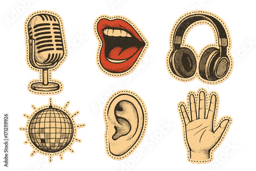Vintage music collage sticker set. Retro audio icons with a microphone, singing mouth, headphones, disco ball, ear, and hand. Dotted vector illustration for sound and party.