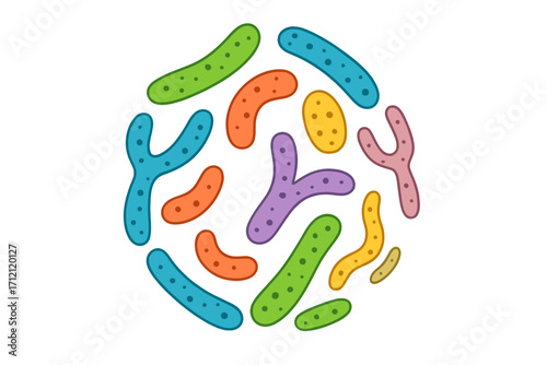 Probiotic bacteria icon set. Gut microbiota concept with healthy prebiotics. Lactobacillus, acidophilus, bifidobacteria. Microflora, microorganism for digestive health vector.