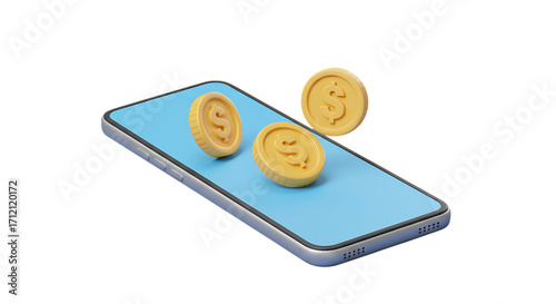 Wallpaper Mural Golden cryptocurrency coins floating above a modern smartphone screen with a light blue interface isolated on white background Torontodigital.ca