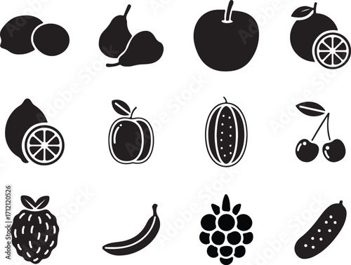 Fresh Fruits Icons Set. Silhouette with  Black and White Various Natural Food Vector Icon Collection. 
