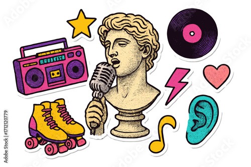 Vector set of retro 90s and Y2K collage elements. Halftone stickers with antique statue singing, boombox, vinyl record, and roller skates. Nostalgia pop art music concept.