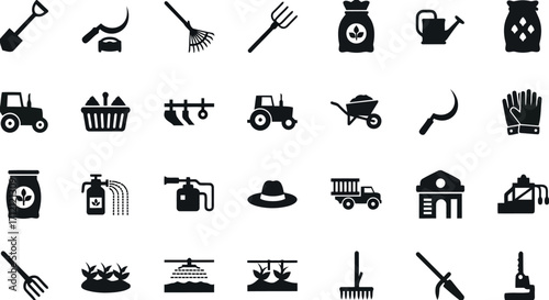 Vector art of assortment of agricultural and farming equipment icons