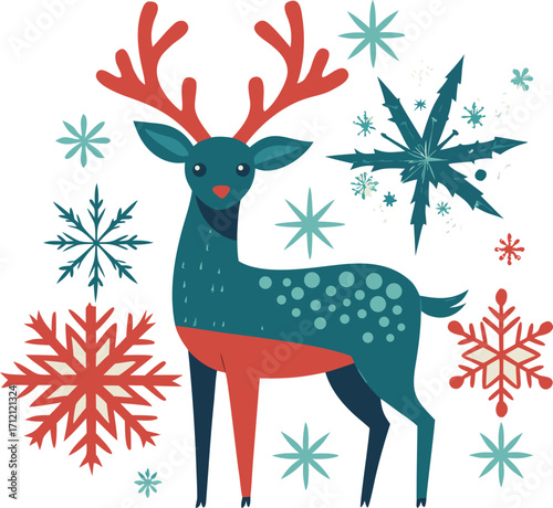 Charming reindeer and snowflakes illustration for winter holidays