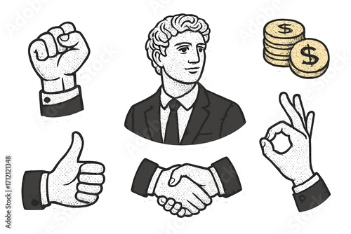 Collection of trendy halftone paper cutout business elements and stickers, successful businessman bust with vintage statue style, assorted hands gestures, gold coins, handshake, success concept
