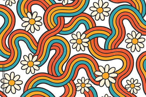 Tangled rainbows seamless pattern with retro hippie daisy flowers, groovy curved stripes and colorful vintage vector cartoon illustration, bright floral background