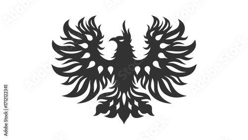 Stylized black eagle with outstretched wings and intricate feather details on a white background centered silhouette