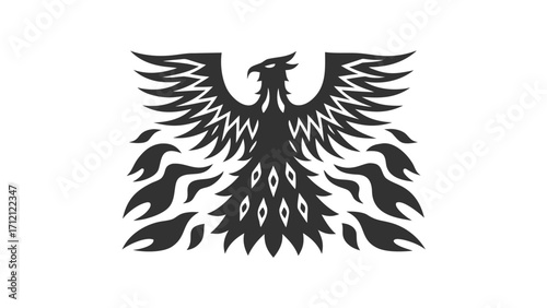 Stylized silhouette of a phoenix with spread wings and flames around its body on a white background